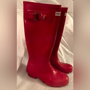 Hunter Glossy Red Tall Rain Boots with Buckle Detail